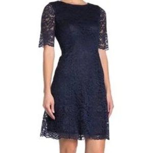 Eliza J Short Sleeve Glitter Lace Fit & Flare Cocktail Dress Navy Blue Size 2